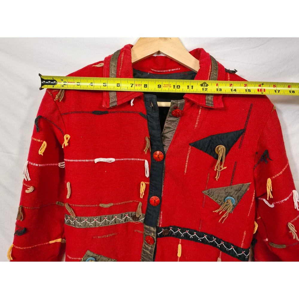 Red‎ Artisan Jacket Textured Tassels Geometric Appliqué Artwear M Boho Unique - Picture 3 of 8